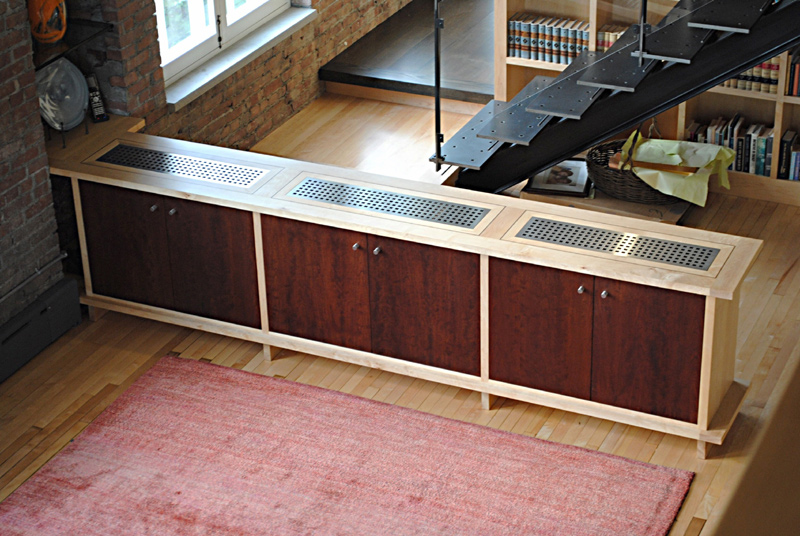 media console- maple case with stainless steel grates and cherry dyed door panels.  ~12'x20